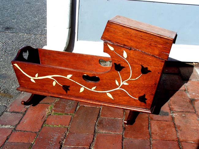 A Fine and Rare 19th century ANTIQUE SCRIMSHAW Sailor-made Child's or Doll's Cradle with whalebone inlays and dated 1861. — image 3
